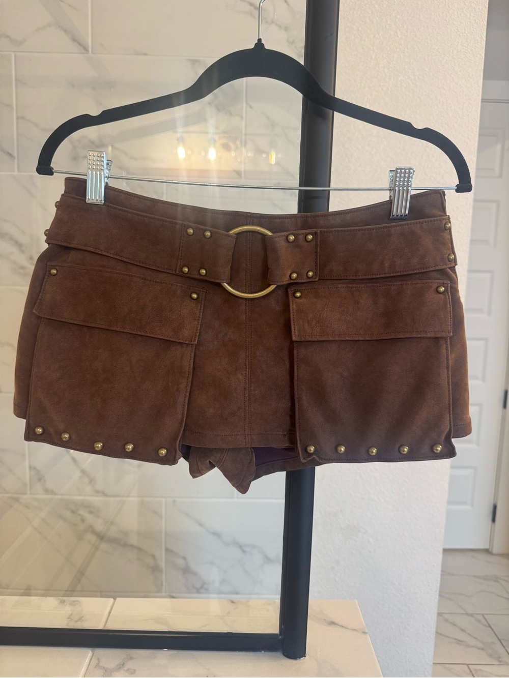 Free People Brown Suede Cargo Mini Skirt with Stud Belt